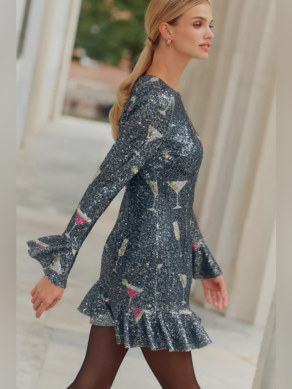 NWT Anthropologie Charcoal Sequin Dress with Martini and Champagne Motifs - Picture 2 of 4